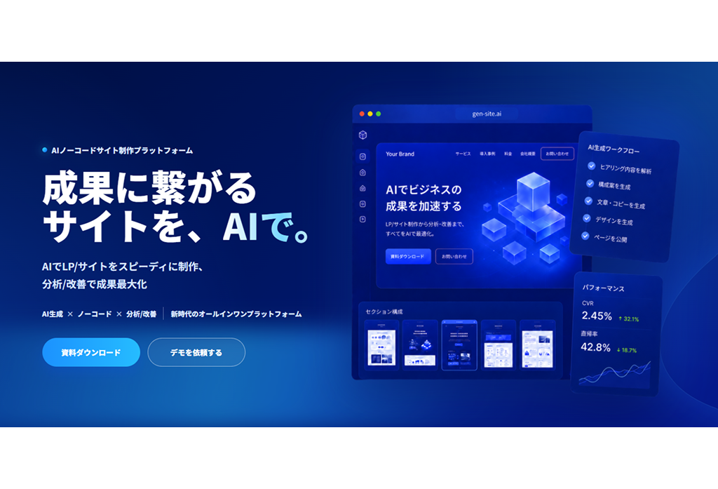 【グラッドキューブ】成果に直結する次世代 LP/ サイト制作プラットフォーム「 Gen Site（ジェンサイト）」を提供開始 〜 AI 自動生成からノーコード編集、ヒートマップ分析・A/B テストまでをオールインワン化し、制作工数を劇的に削減〜